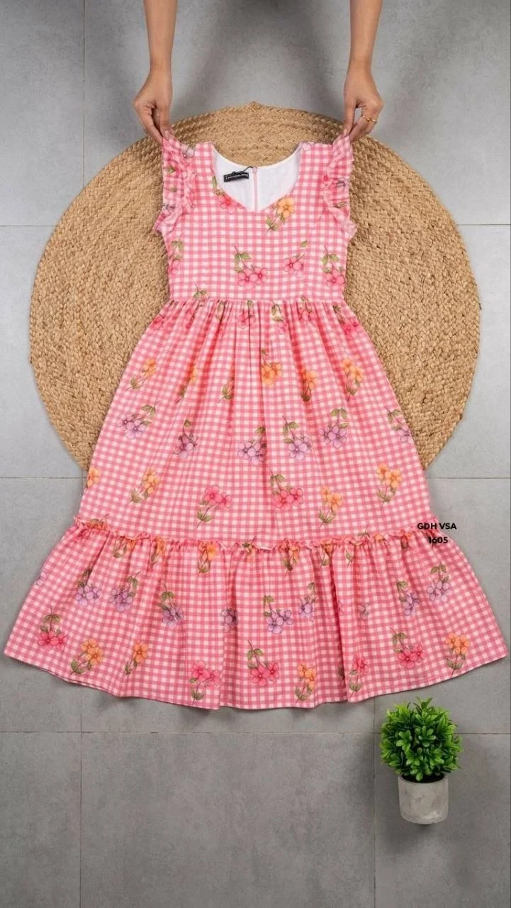 Gingham Floral Cotton Maxi dress - Pink